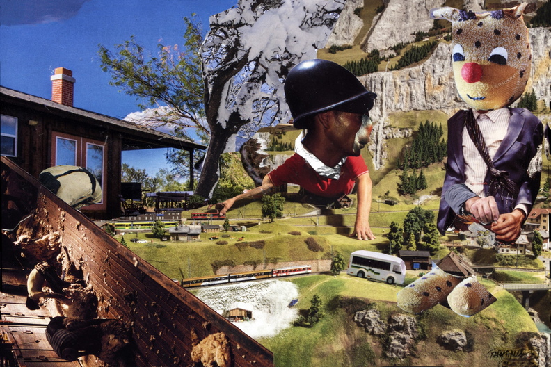 Toyland 28x42cm When I was a litlle boy we used to have a model train, my brother and me. My brother often became very upset when there was a short circuit and used to react quite angrily with me. He was 5 jears older than me and I hated him for that. Guess where he is in this image? The funny thing is that I didn't think about that when I was making it. It appeared to me some hours later when starting this commentary. That's the power of collage! 406.jpg